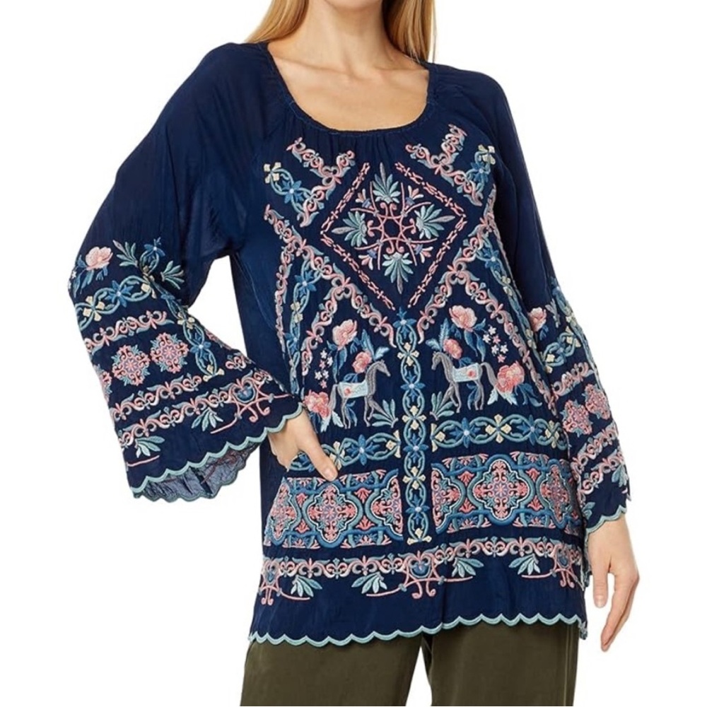 $350 Johnny Was Sz XL Lina Blue Night Embroidered Tunic